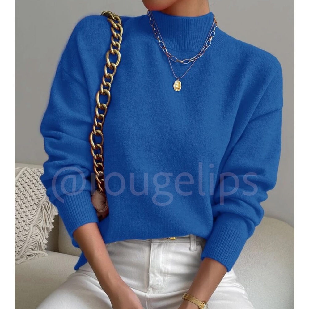 Blue Turtleneck Knit Pullover Sweater Long Sleeve
